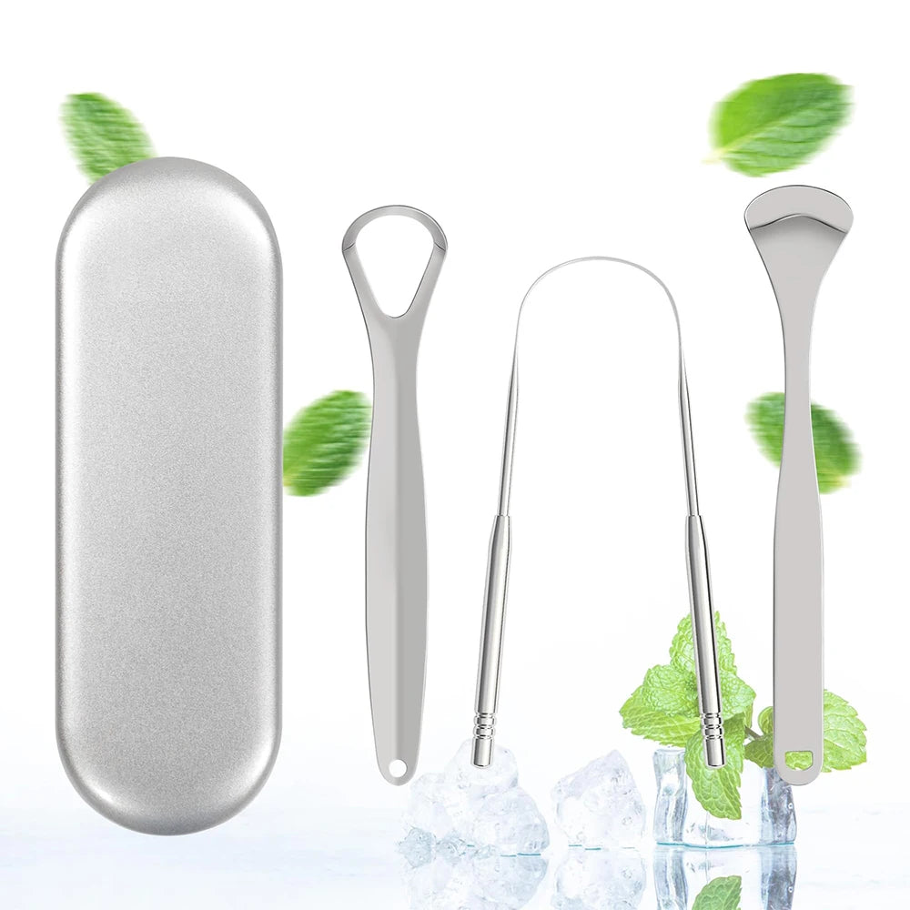 Premium Stainless Steel Tongue Scraper Cleaner Set Fresh Breath Cleaning Coated Oral Hygiene Tool Portable Travel Handy Carry - Eloquettes Skincare & Personal Care