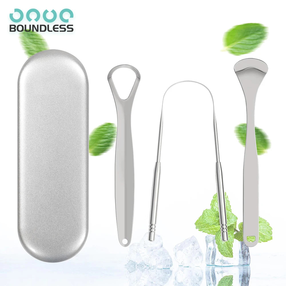 Premium Stainless Steel Tongue Scraper Cleaner Set Fresh Breath Cleaning Coated Oral Hygiene Tool Portable Travel Handy Carry - Eloquettes Skincare & Personal Care