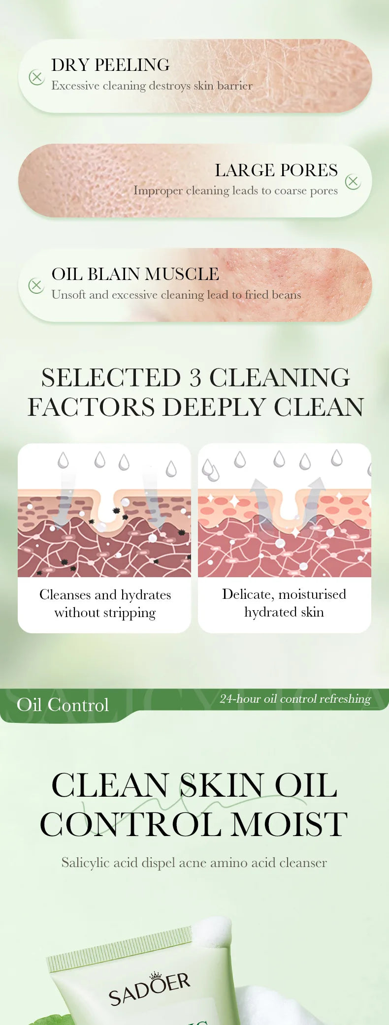 SADOER Salicylic Acid Facial Cleanser Face Wash Foam Face Cleanser Moisturizing Facial Cleansing Hydrating Skin Care Products - Eloquettes Skincare & Personal Care