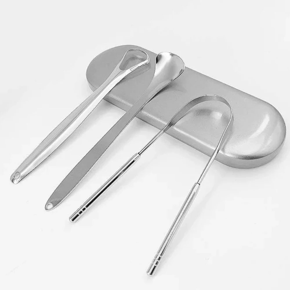 Premium Stainless Steel Tongue Scraper Cleaner Set Fresh Breath Cleaning Coated Oral Hygiene Tool Portable Travel Handy Carry - Eloquettes Skincare & Personal Care