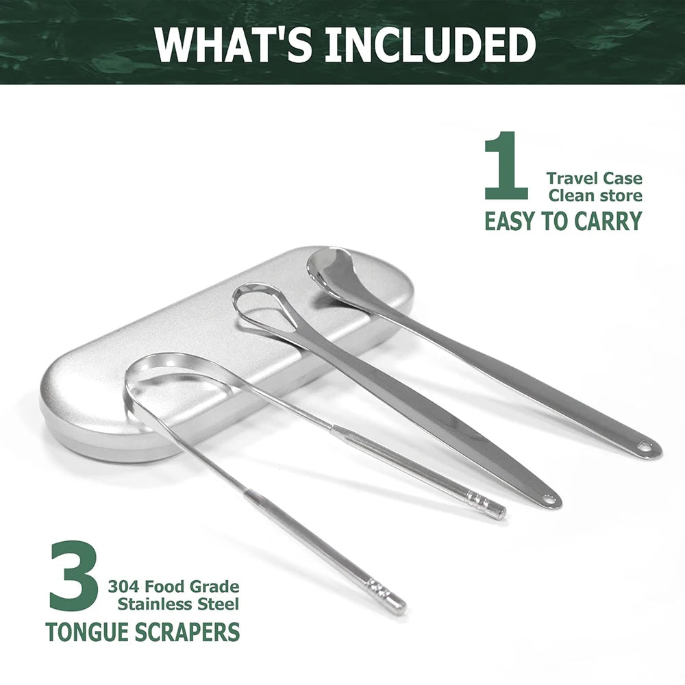 Premium Stainless Steel Tongue Scraper Cleaner Set Fresh Breath Cleaning Coated Oral Hygiene Tool Portable Travel Handy Carry - Eloquettes Skincare & Personal Care