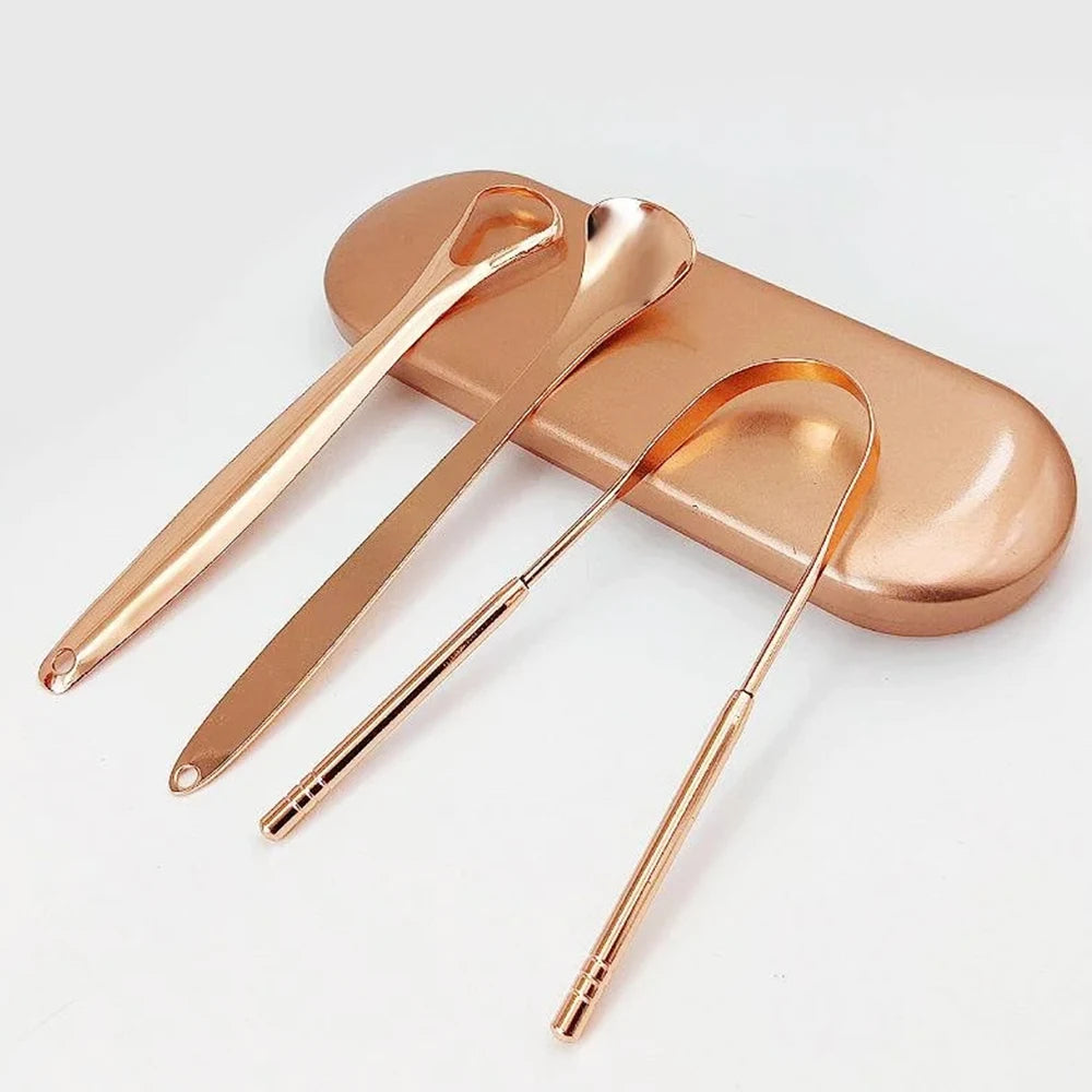 Premium Stainless Steel Tongue Scraper Cleaner Set Fresh Breath Cleaning Coated Oral Hygiene Tool Portable Travel Handy Carry - Eloquettes Skincare & Personal Care