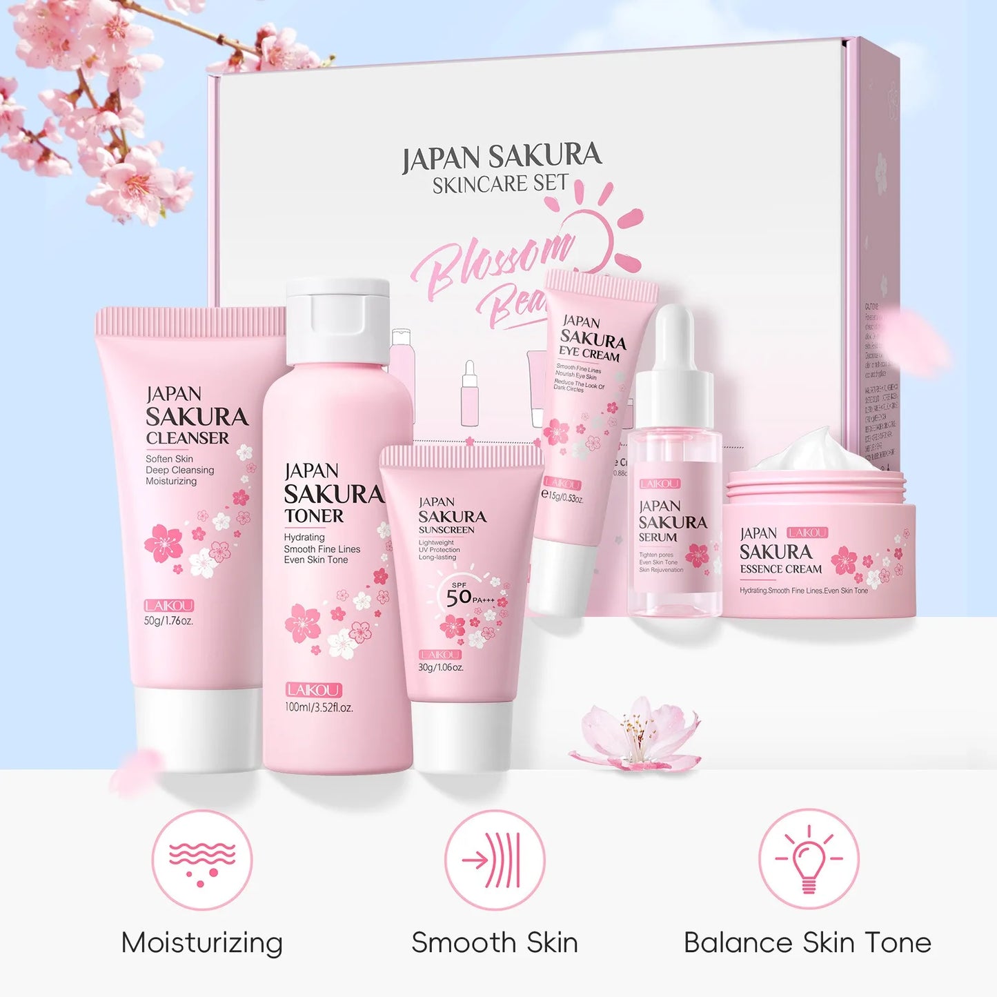 LAIKOU Japan Sakura Skin Care Set Serum Rejuvenating Cream Glowing Moisturizer Fade Blemishes 6pcs