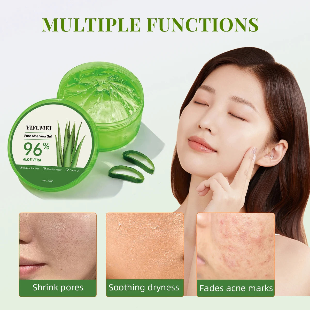 YIFUMEI 96% Pure Aloe Vera Gel - High Purity Natural Moisturizing, Refreshing & Non-Sticky, Deep Nourishing For After-Sun