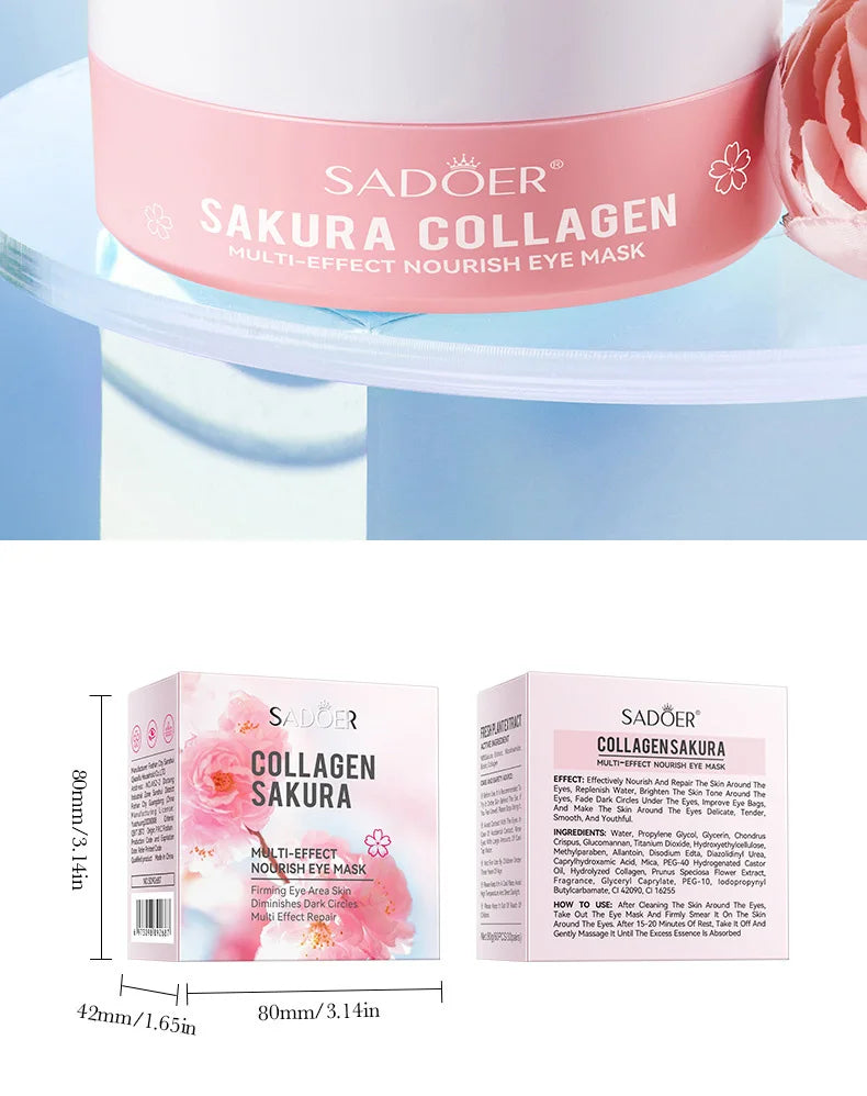 60pcs SADOER Sakura Collagen Eye Mask Anti Dark Circles Eyes Bags Removal Moisturizing Firming Eye Patches Skin Care for Eyes