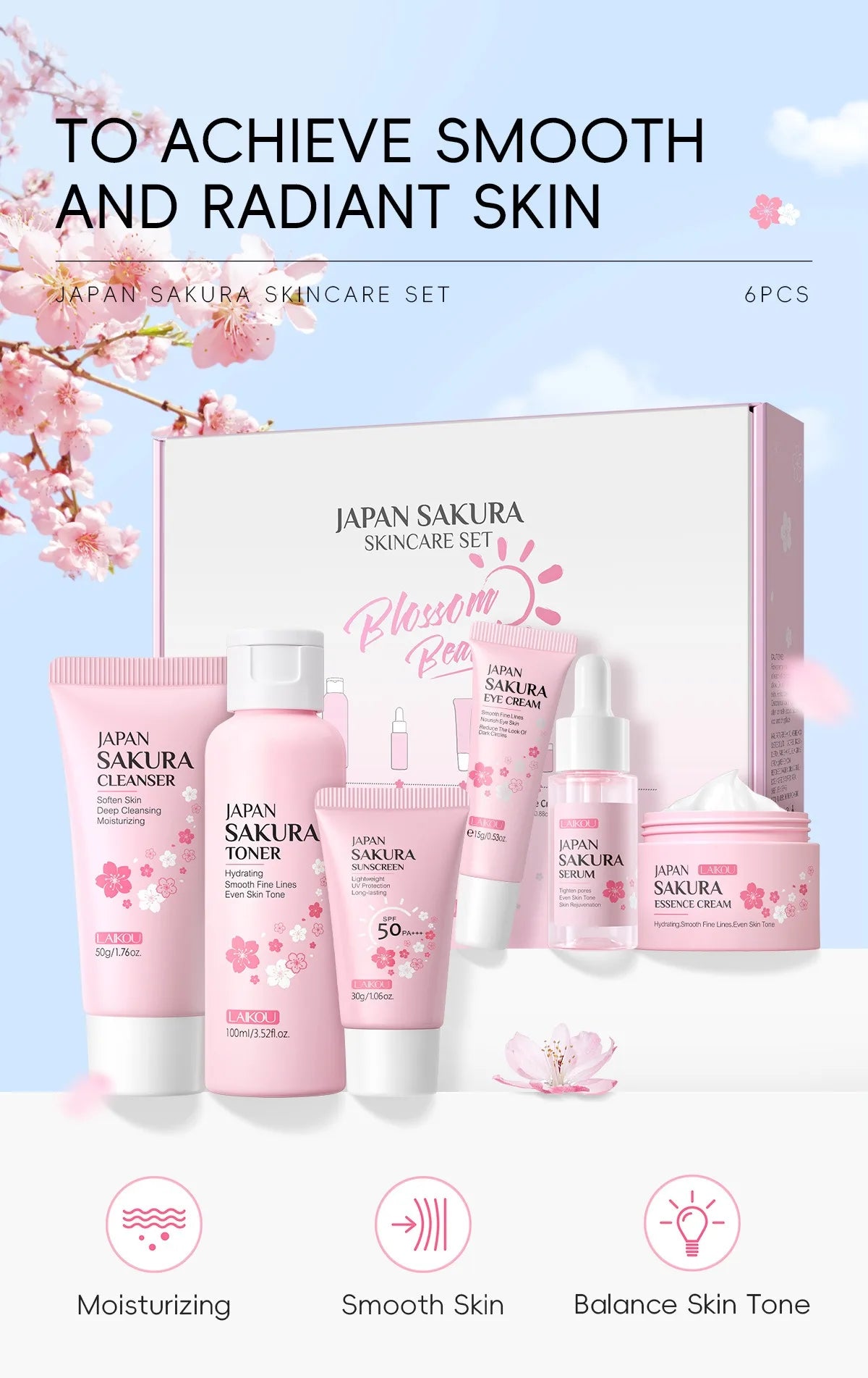 LAIKOU Japan Sakura Skin Care Set Serum Rejuvenating Cream Glowing Moisturizer Fade Blemishes 6pcs