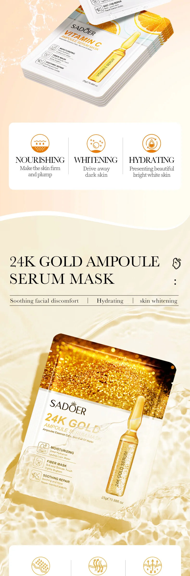 10pcs SADOER 24K Gold Vitamin C Hyaluronic Acid Face Mask Facial Moisturizing Firming Hydrating Facial Masks Skin Care Products