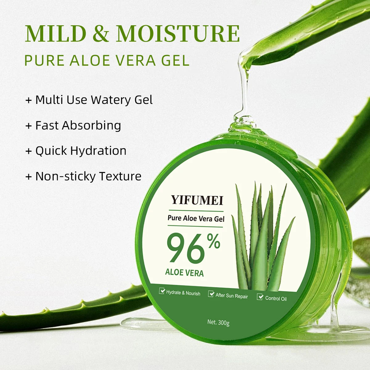 YIFUMEI 96% Pure Aloe Vera Gel - High Purity Natural Moisturizing, Refreshing & Non-Sticky, Deep Nourishing For After-Sun