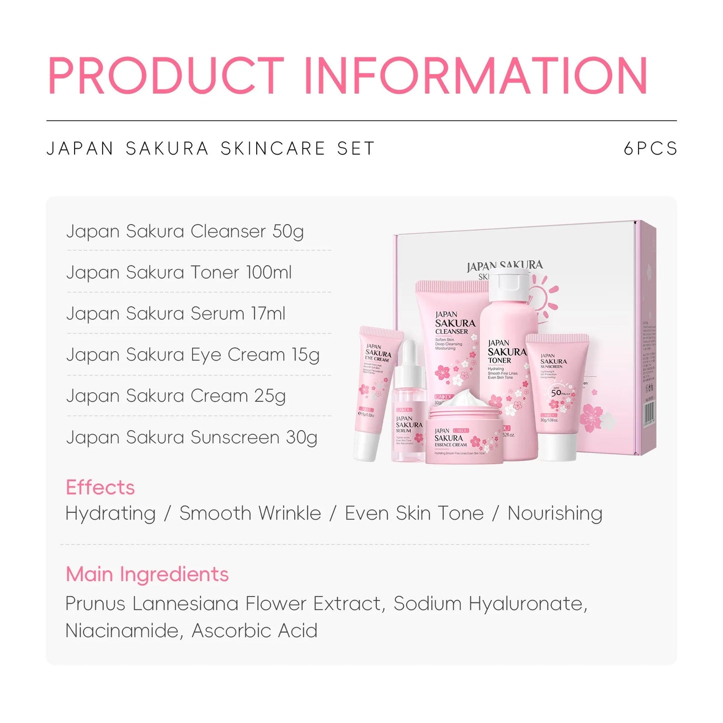 LAIKOU Japan Sakura Skin Care Set Serum Rejuvenating Cream Glowing Moisturizer Fade Blemishes 6pcs