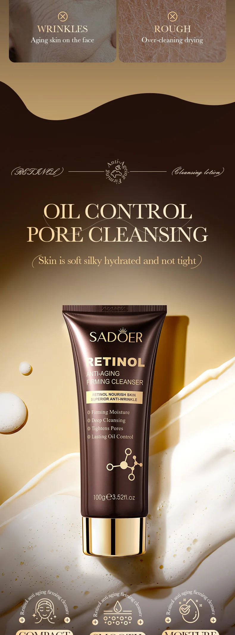 SADOER Retinol Facial Cleanser Face Wash Foam Face Cleanser Moisturizing Facial Cleansing Face Firming Skin Care Products - Eloquettes Skincare & Personal Care 