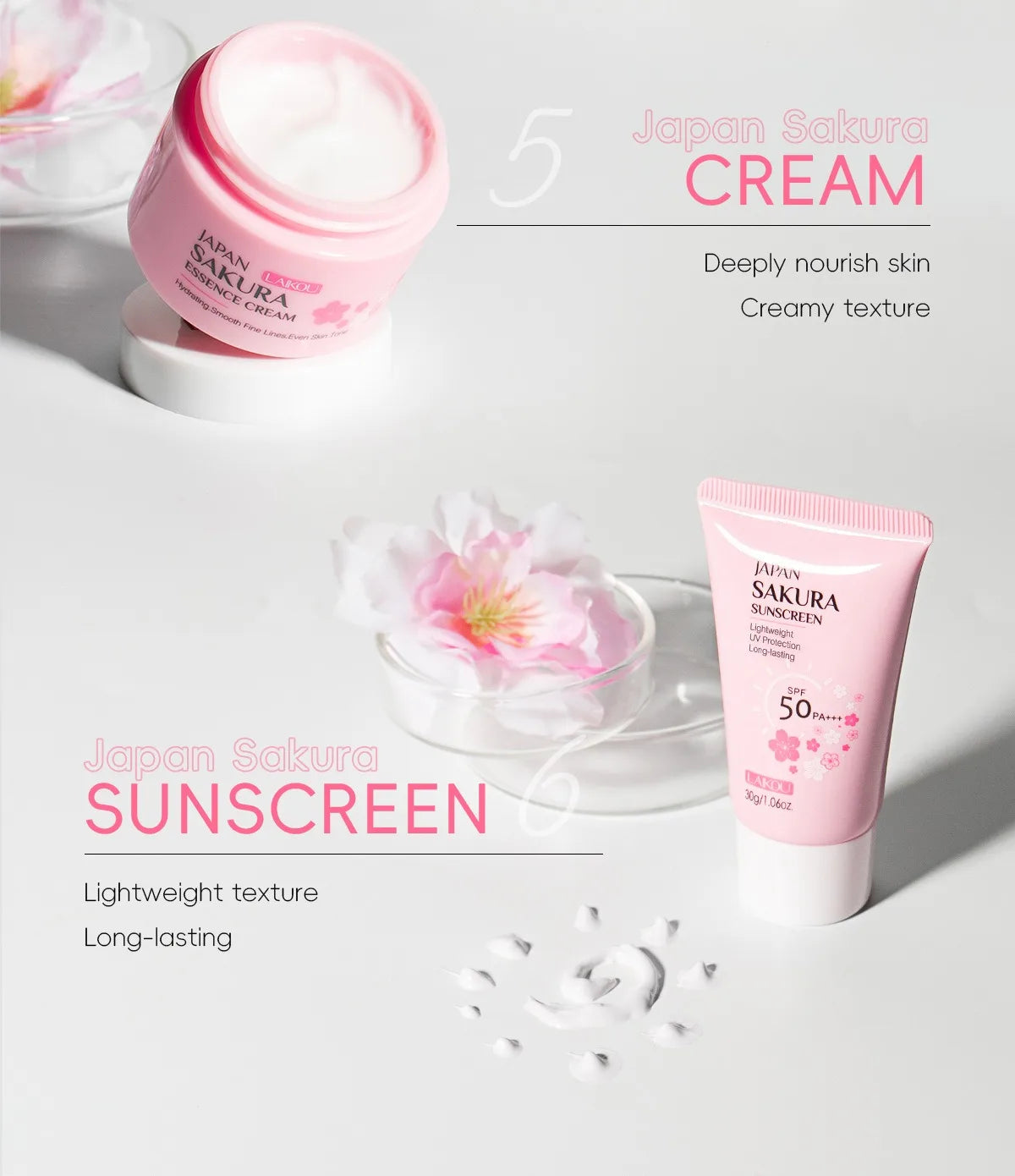 LAIKOU Japan Sakura Skin Care Set Serum Rejuvenating Cream Glowing Moisturizer Fade Blemishes 6pcs