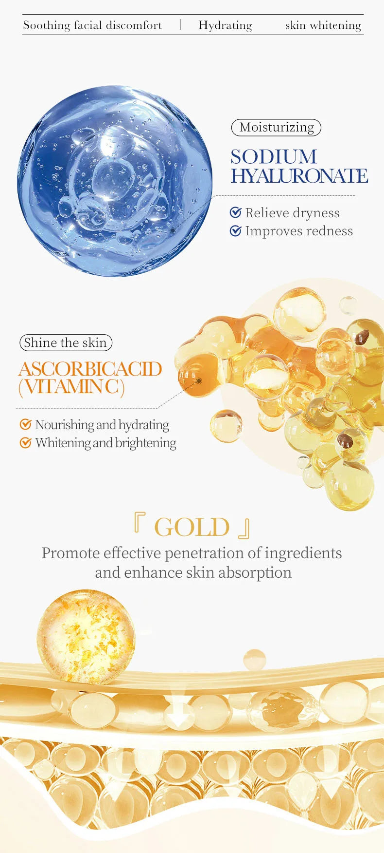 10pcs SADOER 24K Gold Vitamin C Hyaluronic Acid Face Mask Facial Moisturizing Firming Hydrating Facial Masks Skin Care Products